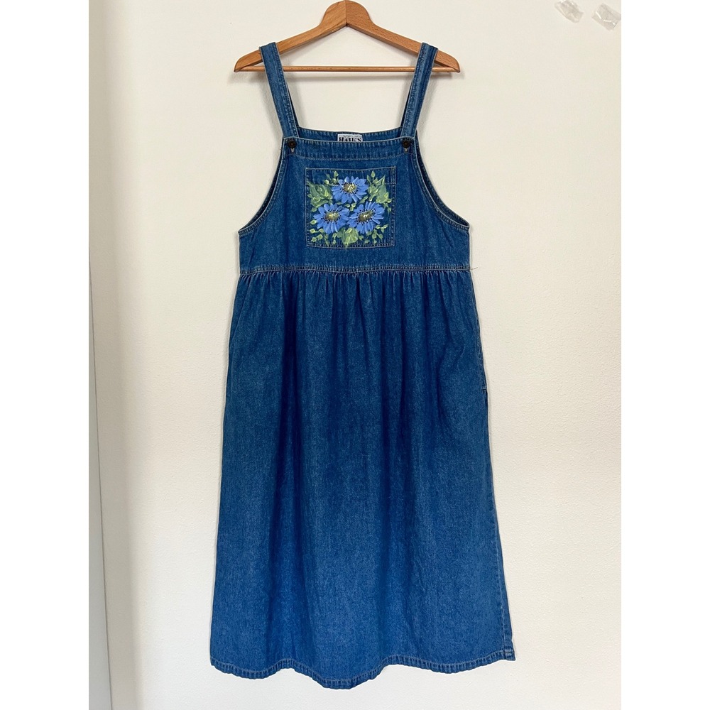 Haiks Vintage Denim Pinafore Dress Blue Floral Painted Pocket Pockets Large